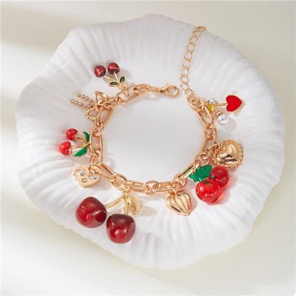 18K Gold-Plated Cherry Charm Bracelet - Picture 1 of 7